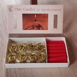 Vintage Set of 8 Plate Candle Holders 9 Red Candles Gold Metal Brass Cl…